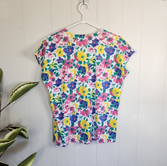 Vintage 1980s Pink Short Sleeve Bright Floral Blouse Top 80s Office Preppy 90s - Picture 3 of 9